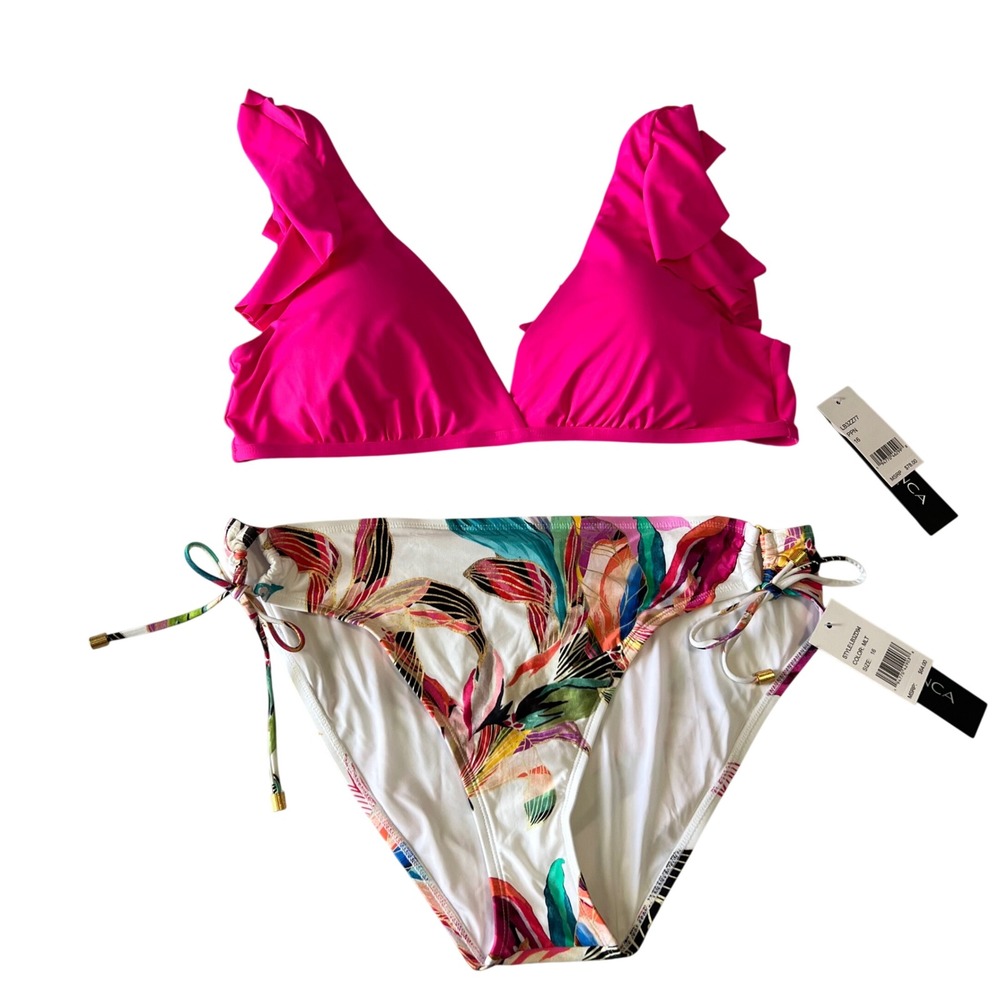 La Blanca Bikini Set Sz 16 Pink Floral Ruffle Top Side Tie Bottom NWT